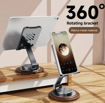 Walnut Wood Grain Folding Mobile Phone Holder, Adjustable Folding Desktop Mobile Phone Holder, All Metal 360-Degree Rotating Holder