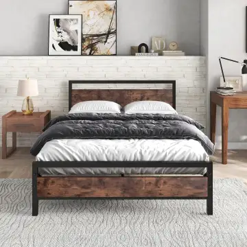 Black Metal Platform Bed Frame 120cm x 200cm with Headboard and Footboard