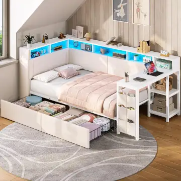AOGLLATI Upholstered Bed 140x200 cm with LED Lighting, Charging Station, Desk, and Storage