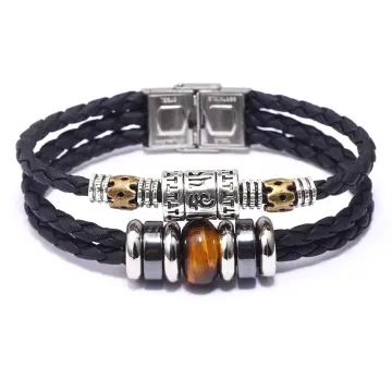 Turquoise Cowhide Bracelet Stainless Steel Tiger Eye Malachite Beaded Bracelet