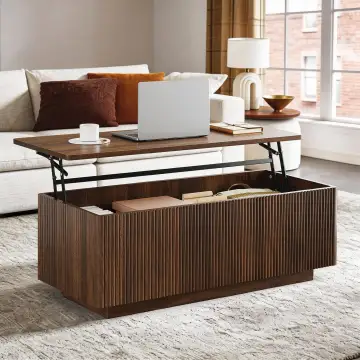 Rectangular Coffee Table Natural Wood with Lift Top, Fluted Storage Space