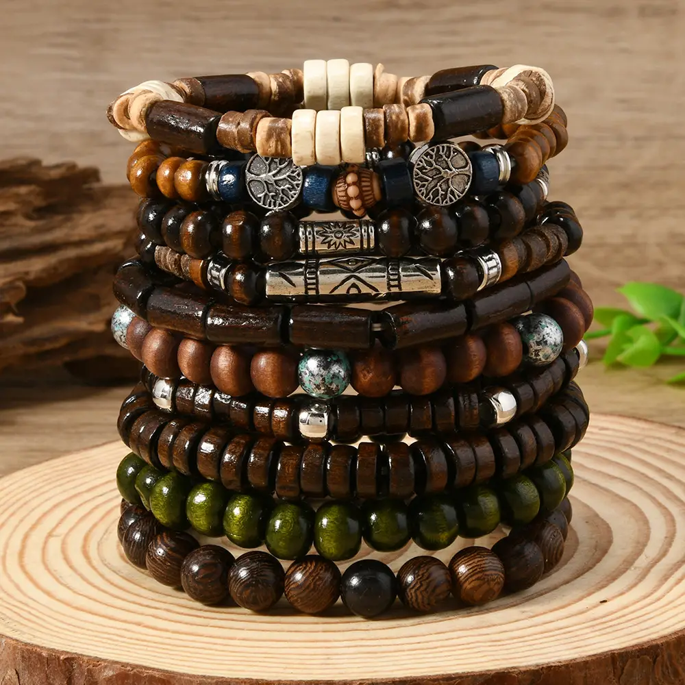 Coconut Shell Wood Bead Multi-layer Beaded Elastic Bracelet