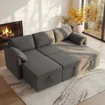 Kingfun 211 cm L-Shaped Corner Sofa Bed with Sleep Function, Storage Box, USB, and Removable Chenille Covers